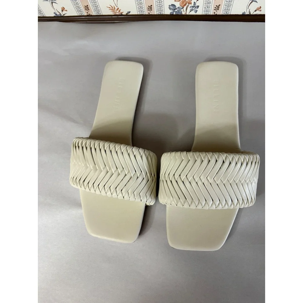 Billini Feva Woven Slide Sandals Cream Bone‎ Square Toe Flat Braided Strap 9